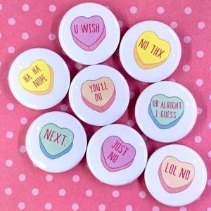 16 Funny Valentine's Day Handmade Pinpack Buttons (Two 8-Packs)